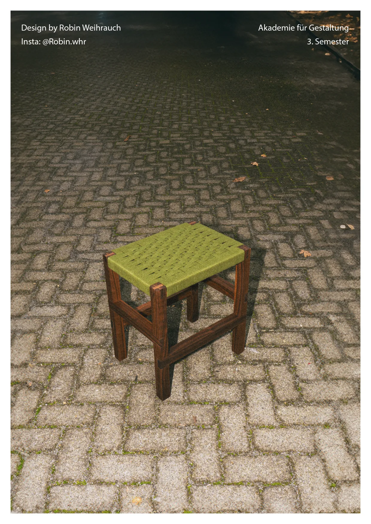 Vorderseite der Produktkarte mit Fotografie des Hockers