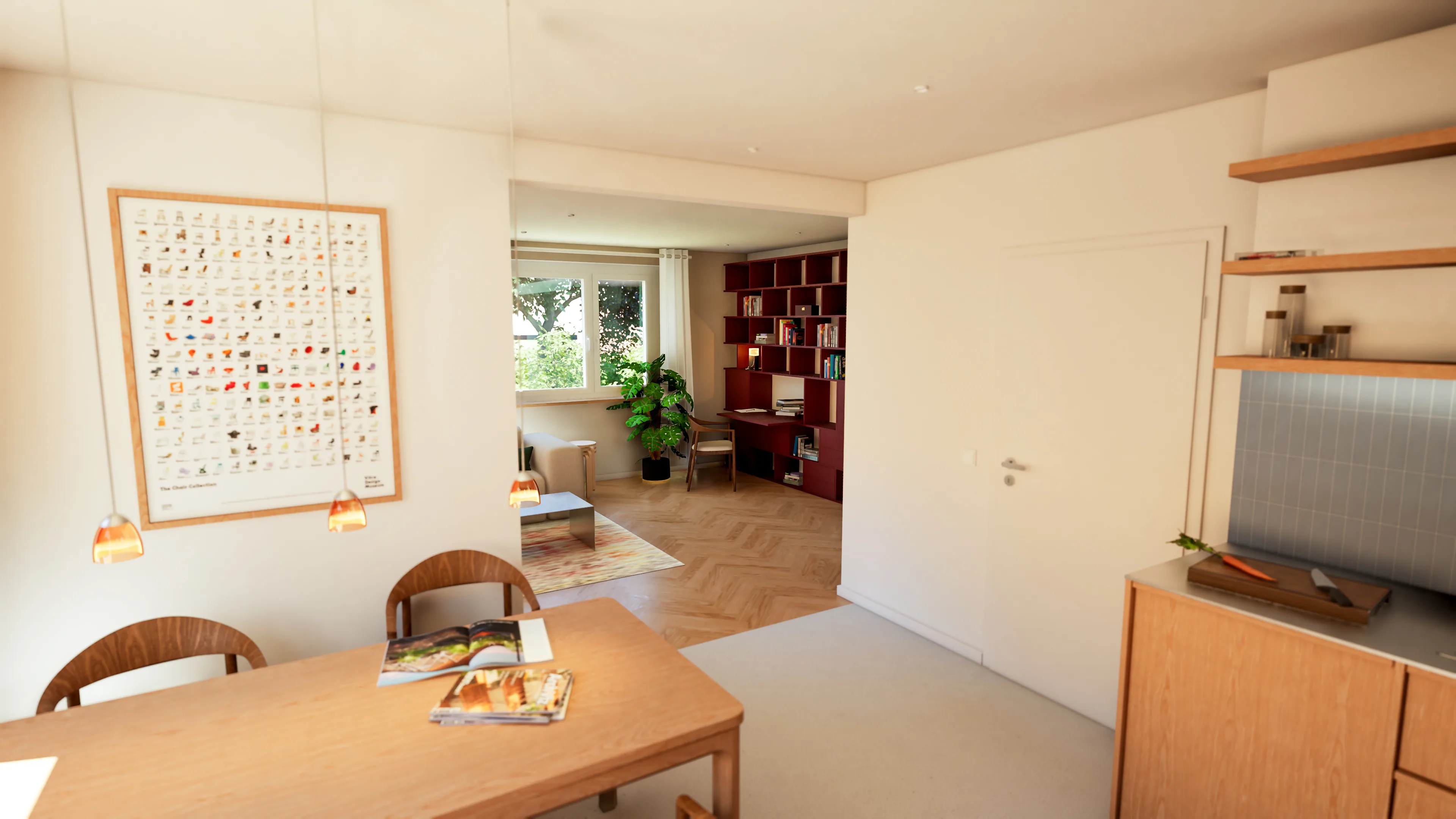 Küche und Essbereich mit Blick in das Wohnzimmer