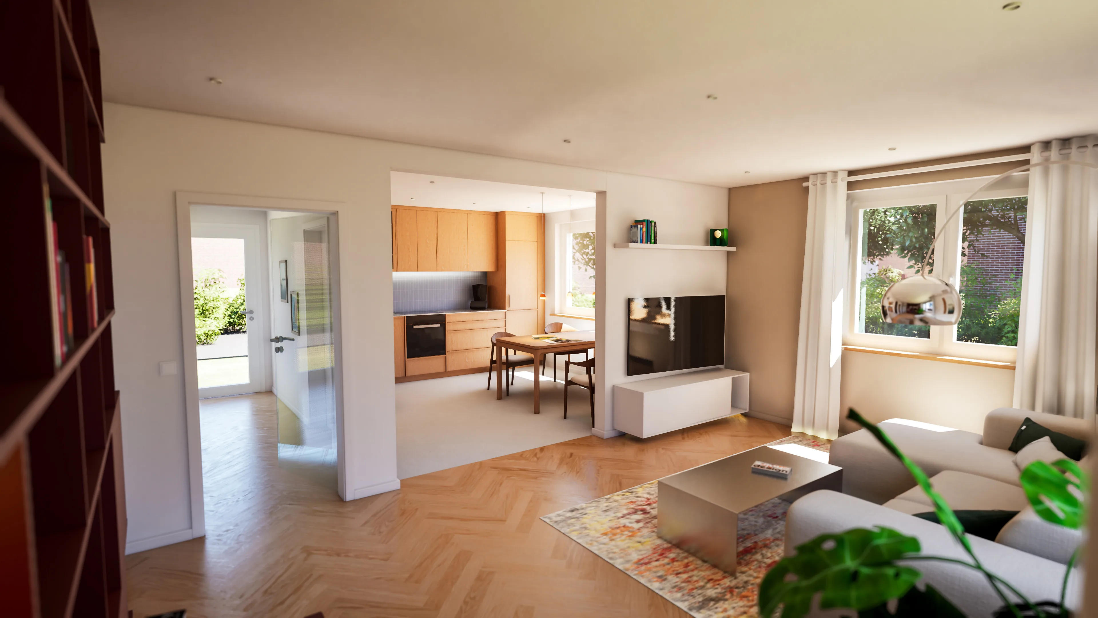 Visualisierung des Raumkonzepts für eine Zwei-Personen-Wohnung